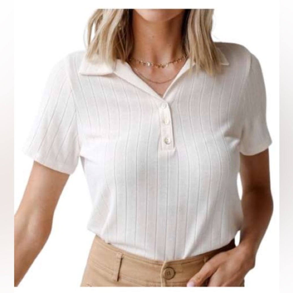 Hudson Gray Ivory Ribbed Knit Collared Short Sleeve Polo Top